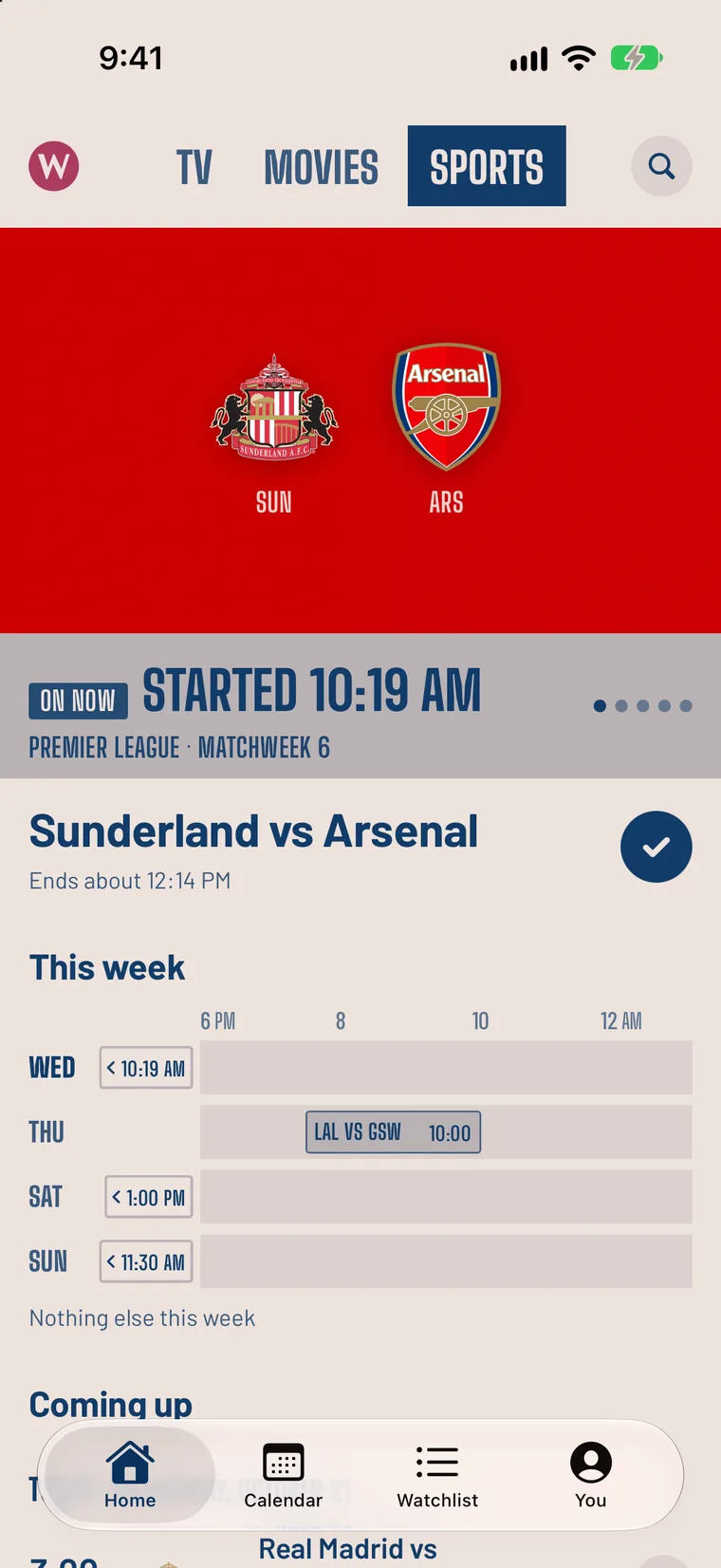Watchlyst's Home, Sports: a game on now and the week's games.